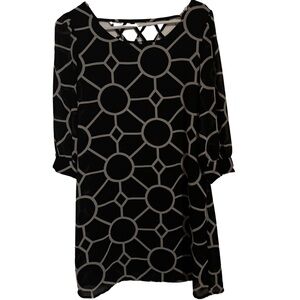 Cute Shift Boxy Mini Dress - Black  Geometric pattern with back lattice detail.